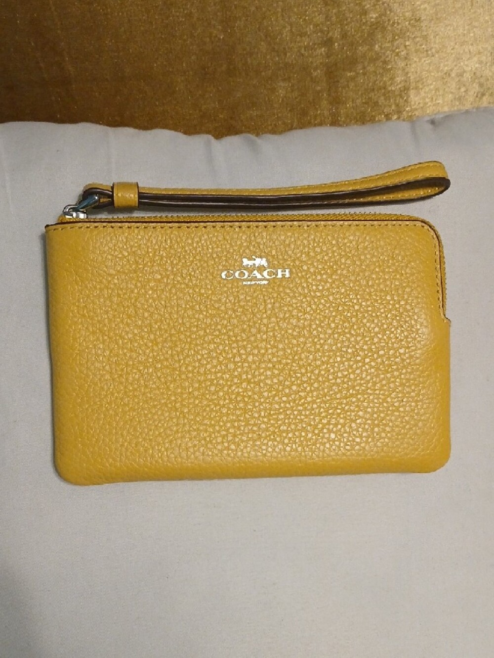 Coach Pebbled Yellow Leather Wristlet Pouch with Strap